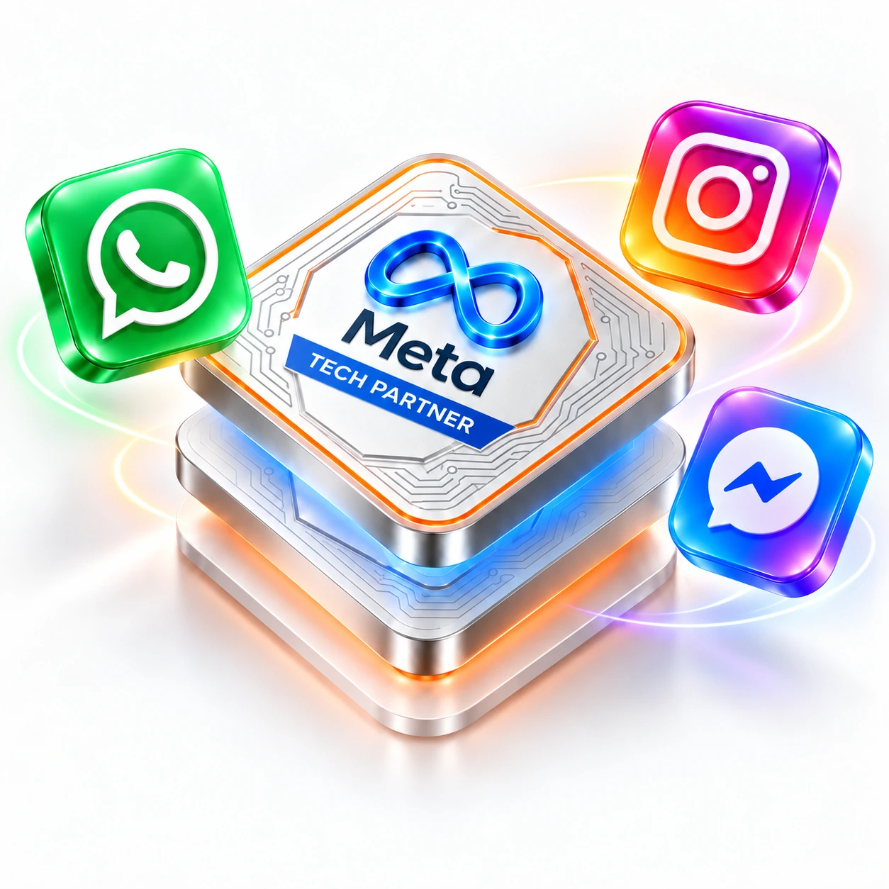 Composição 3D com chip em perspectiva, símbolo azul da Meta acima do nome e faixa Tech Partner, acompanhado por WhatsApp, Instagram e Messenger